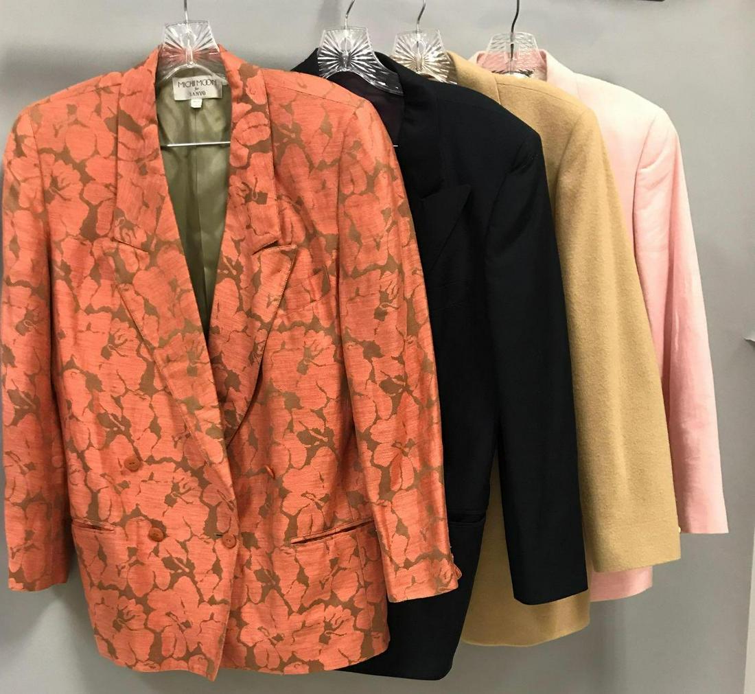 Group of 4 : Women's Vintage Blazers: Pink blazer has some stains. Measurements on one (approximate) shoulder 17.5, outside sleeve 23.5, inside 16, bust 40