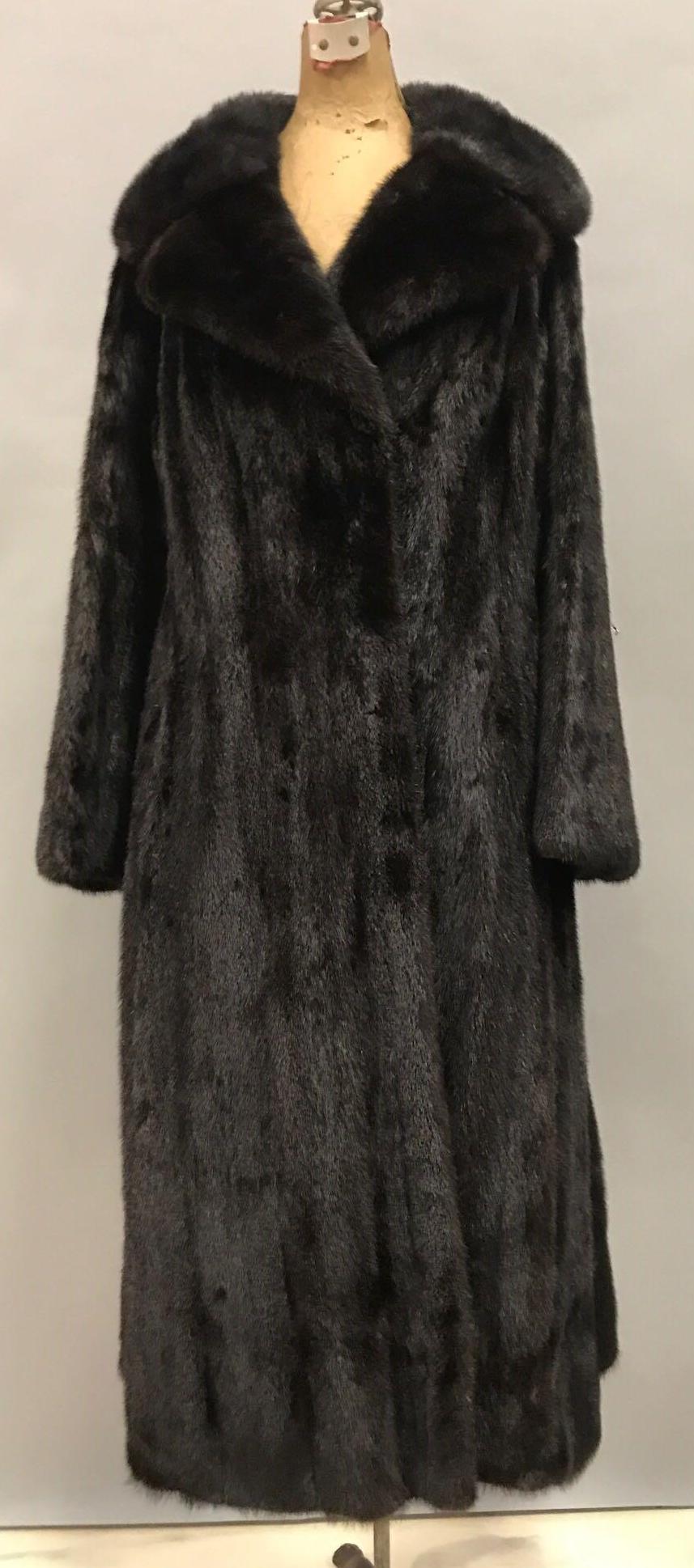 Vintage Full Length Mink Coat: Measurements approximate, shoulder 16, outside sleeve 26, inside 17, bust 40. velvet outer pockets. From Thomas E. McElroy