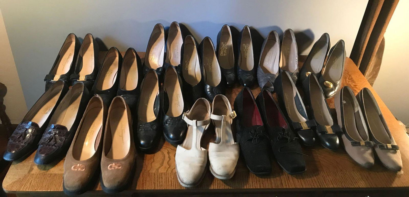 Group of 14 Pairs : Salvatore Ferragamo Pumps, Flats: Size 9, narrow width, used condition