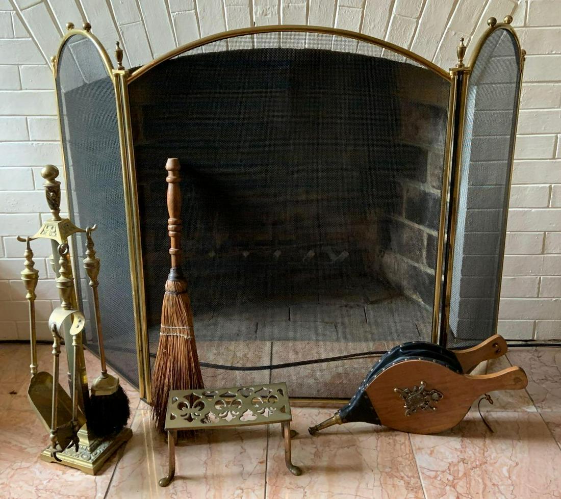 Group of vintage fireplace items: Includes bellows, screen, and more