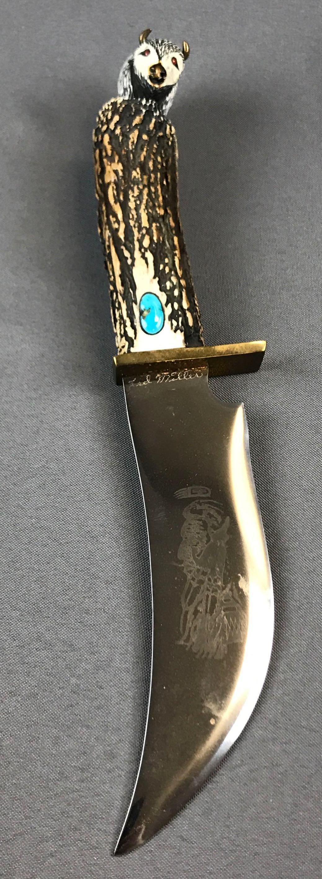 Ted Miller Knife with Carved Antler Handle and: Engraved blade. Total length 12.5 inches.