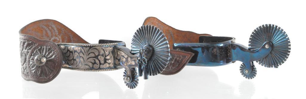 Antique Western Cowboy Mauricios Spurs with Silver: Mauricios Since 1949 marked on the inside of spurs, Heel width 2 7/8 inches, Total Measurement 7 x 3 1/4 x 3 1/2 inches