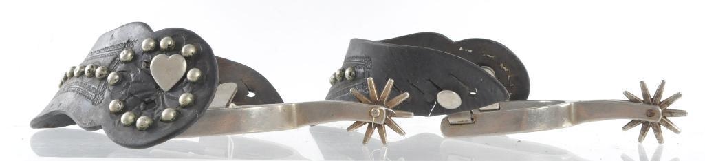 Antique Western Cowboy North and Judd Spurs: Special Heart Button Design, Heel Width 2 3/4 inches, Total Measurement 4 x 6 x 1 1/2 inches