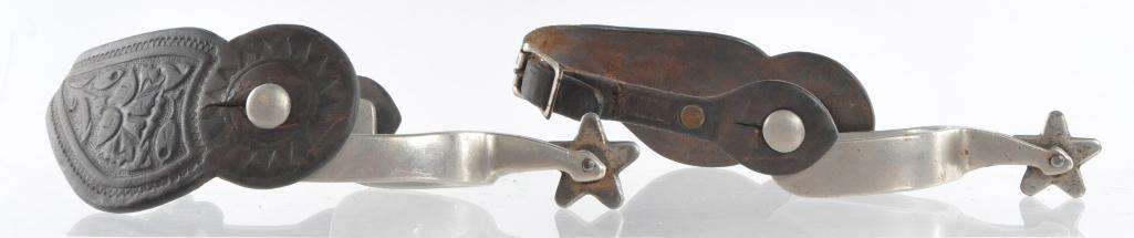 Antique Western Cowboy North and Judd Spurs: Marked with North and Judd Anchor Makers Mark, Heel Width 2 3/4 inches, Total Measurement 3 3/4 x 5 1/2 x 1 inches