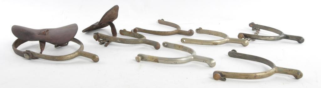 Group of 7 Antique WW1 US Cavalry Spurs: Most Marked US AB and WL, Largest 4 1/2 x 5 1/4 inches