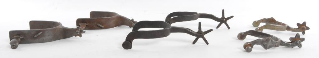 Group of 3 Pairs of Antique Western Cowboy Spurs: Largest 4 x 7 x 2 inches