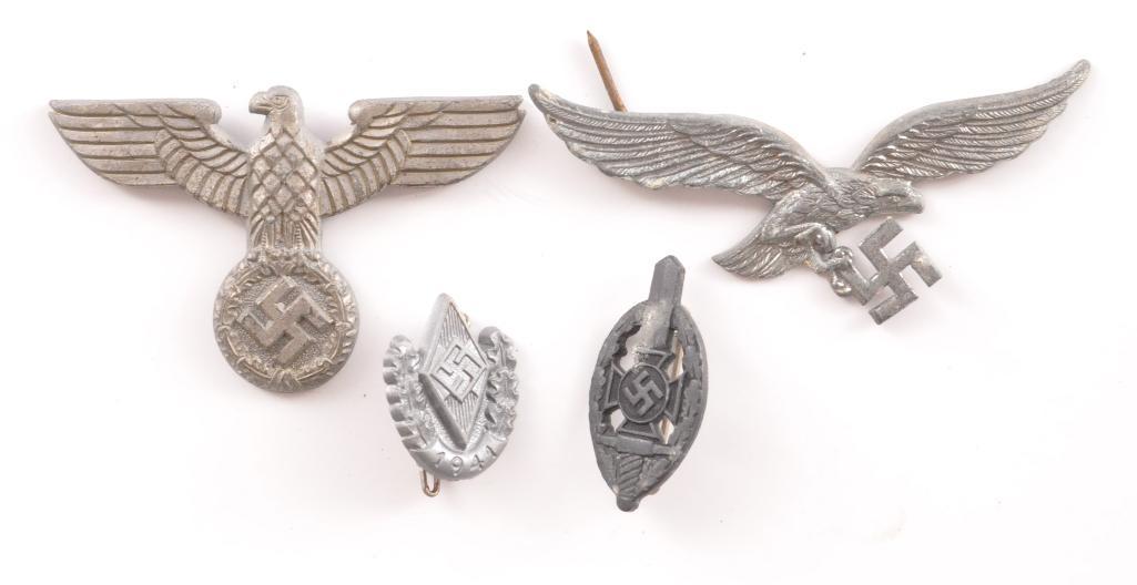Group of 4 WW2 German hat Badges and Pins: Includes Luftwaffe and More, Largest 2 3/4 x 1 inches