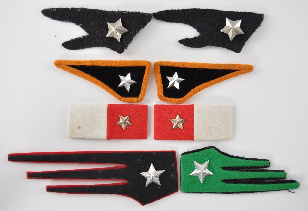 Group of WW2 Italian Army Collar Flashes: Includes 1 Pair of Artillery, 1 8th Lancers, 1 "Foggio" Cavalry, 1 Black, and a Pair of Red and White. Largest 6 x 2 inches