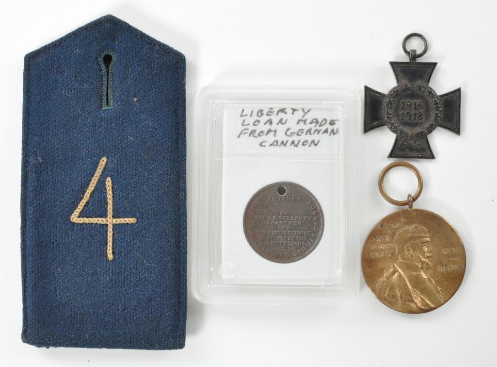 WW1 Imperial German Grouping: Includes Enlisted 4th Unit Shoulder Strap, Hindenburg Cross Medal, Kaiser Centennial Medal, and Coin Made from German Cannon. Largest 2 1/2 x 4 3/4 inches