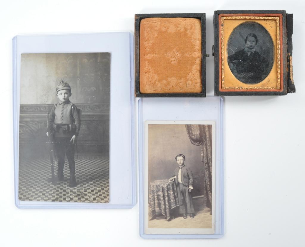 Group of 3 Antique Civil War and WW1 Children: Includes Civil War Ambrotype of Little Boy in Case, Civil War CDV of Little Boy in Zouave Type Jacket taken in Elkhorn Wis., and WW1 German Liffle Boy in Uniform. Largest 3 1/4 x 5 1/2 inches