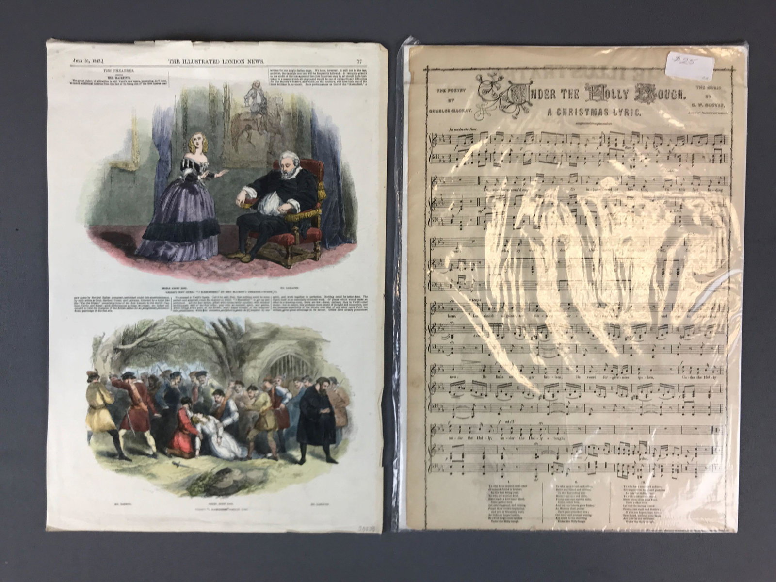 Antique Hand Colored Illustrated London News Jenny Lind: Dated July 31, 1847, 11x15.5. Also sheet music Under the Holly Bough.