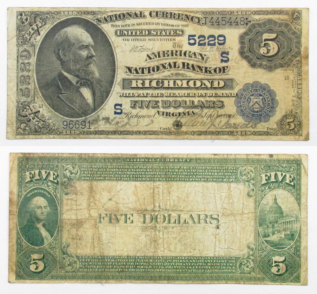 1882 $5 National Currency Note - Richmond, Virginia. (1 of 3)