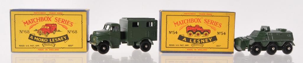 Group of 2 Matchbox Militray Die-Cast Vehicles with: Includes No. 68 and 54, Both have Dark Green Bodies and BRW, B and C Boxes, Like New Condition, A Lesney Product, Made in England