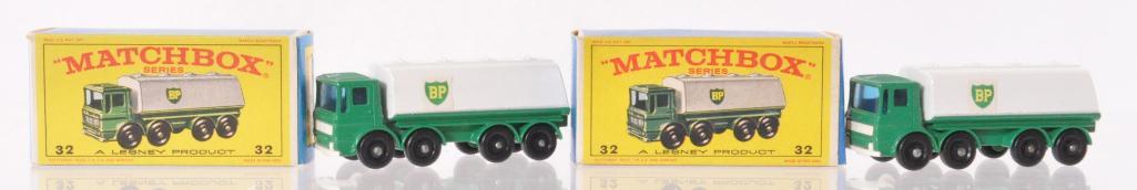 Group of 2 Matchbox No. 32 Leyland BP Tanker Die-Cast: Both Have Green Cabs and White Tanks, E Boxes, Like New Condition, A Lesney Product, Made in England