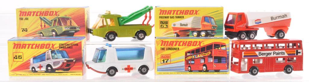 Group of 4 Matchbox Superfast Die-Cast Vehicle with: Includes No. 17 the Londoner with Berger Paints Decal, No. 63 Freeway Gas Tanker with Burmah Decals, No. 46 Strecha Fetcha, and No. 74 Toe Joe. I Boxes, Like New Condition, A Lesney Product, Made in E
