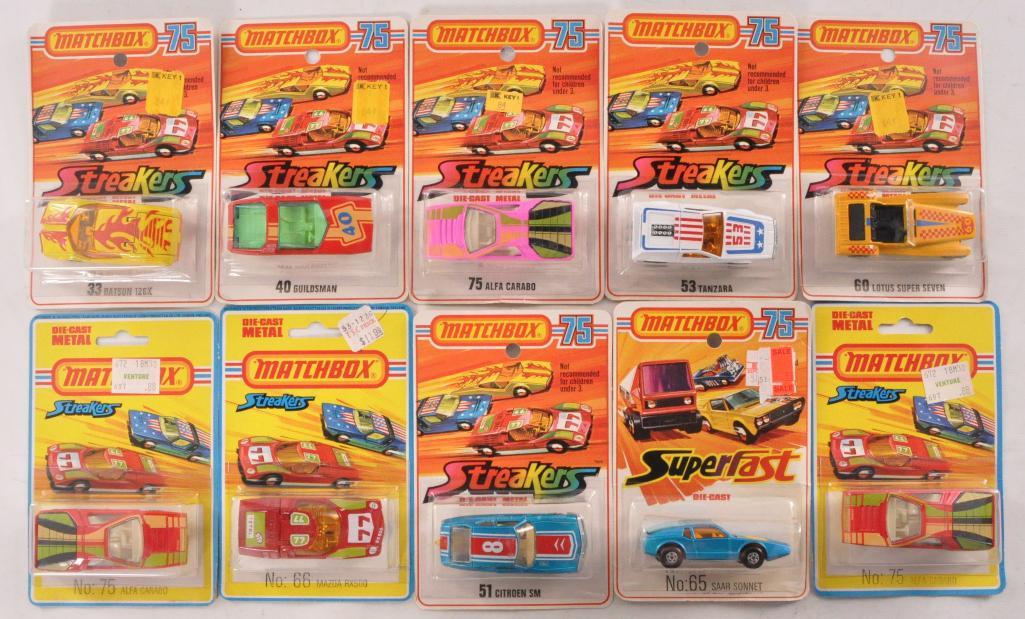 Group of 10 Matchbox Streakers Die-Cast Vehicles in: Includes NO. 75, 65, 51, 66, 75, 60, 53, 75, 40, and 33. New in Original Packaging, A Lesney Product, Made in England