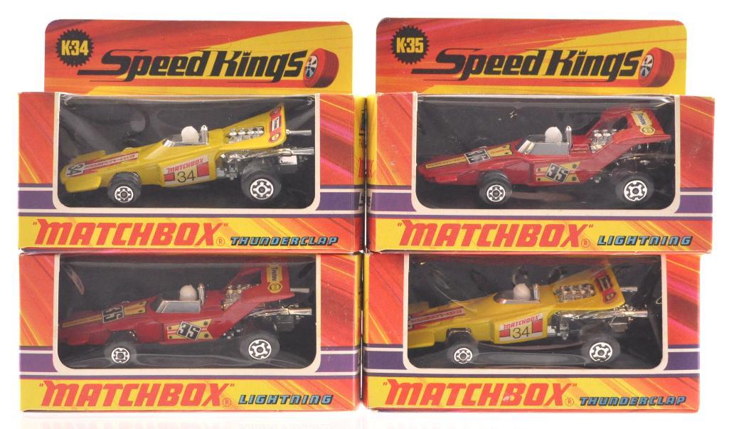 Group of 4 Matchbox Speed Kings Die-Cast Vehicles in: Includes 2 K-34 Thunderclap and 2 K-35 Lightning's, Like New Condition, A Lesney Product, Made in England