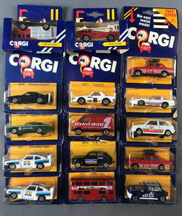 Group of 15 Corgi Toys Die-Cast Vehicles in Original: Includes JB18 Jaguar Track Car, JB23 Renault 5, JB33 V.W. Turbo and more