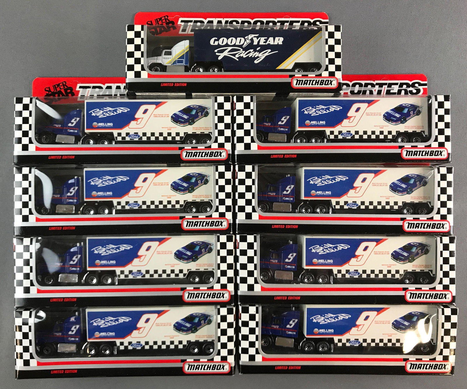 Group of 9 Matchbox Super Star Transporters Die Cast: Limited edition Bill Elliott, Goodyear racing. 1991-1992 Matchbox International. Style # CY 109. 8x3.5 inches. Unpunched packages.