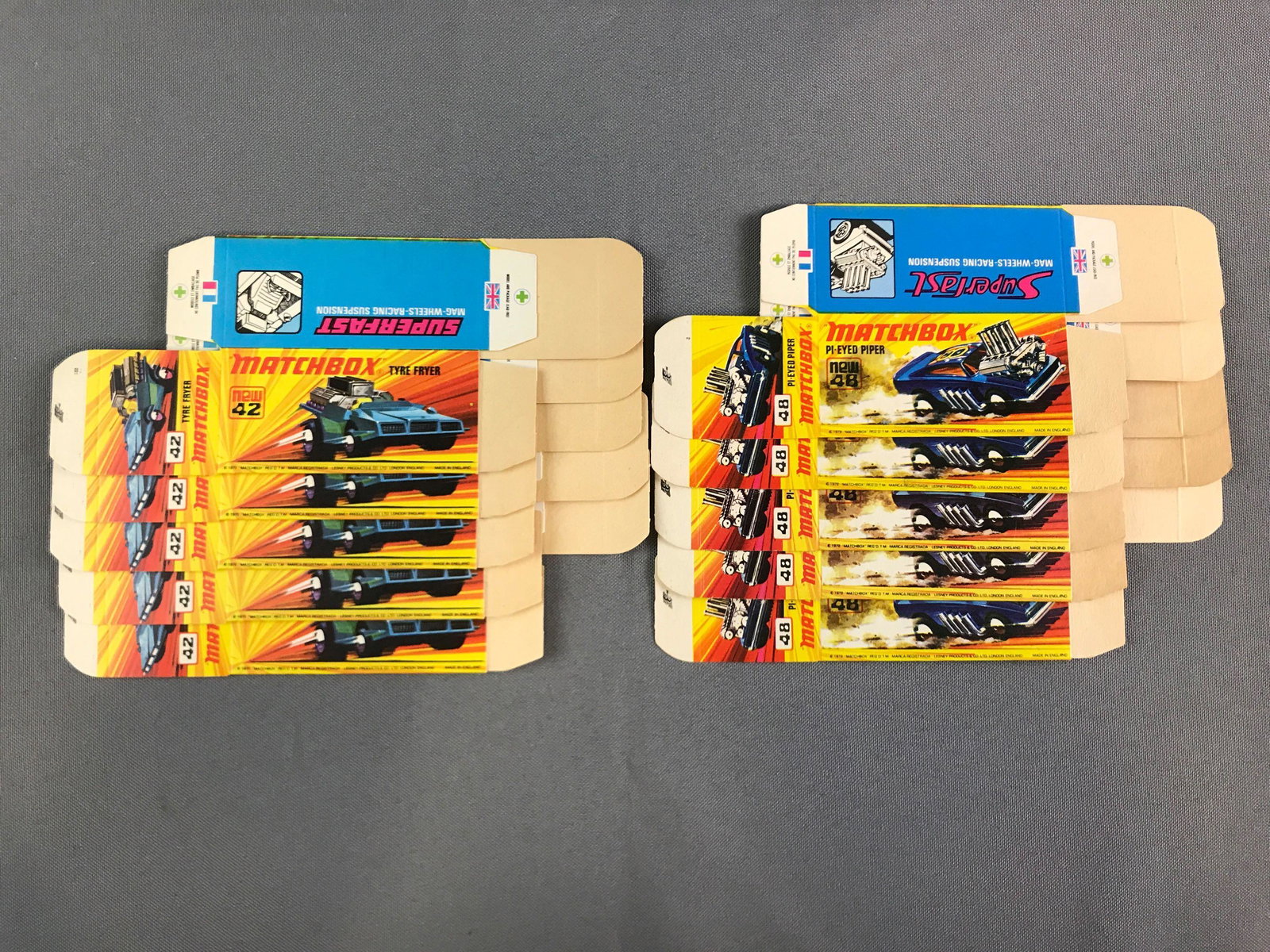 Group of 10 Matchbox I Type Boxes: 5 #42, 5 #48. Boxes only, no vehicles included. Lesney products.