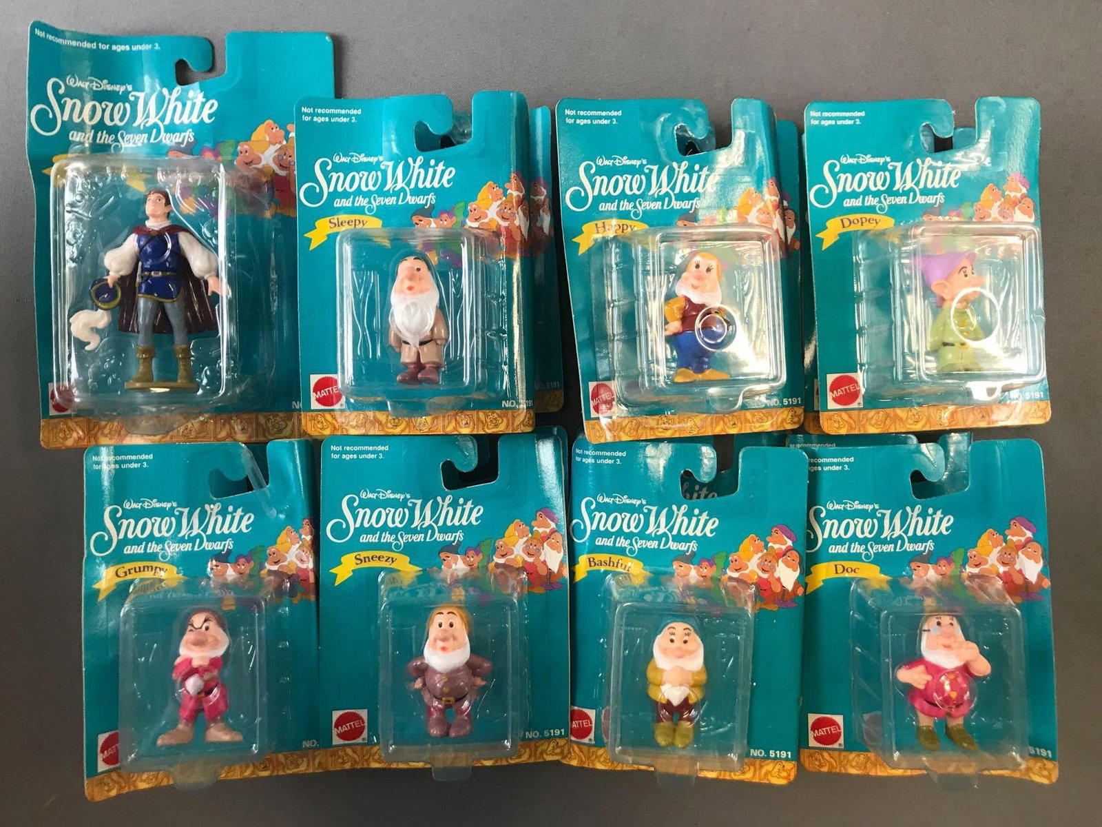 Group of 15 Mattel Snow White and the Seven Dwarfs: Includes all 7 Dwarfs and The Prince. In original packaging.