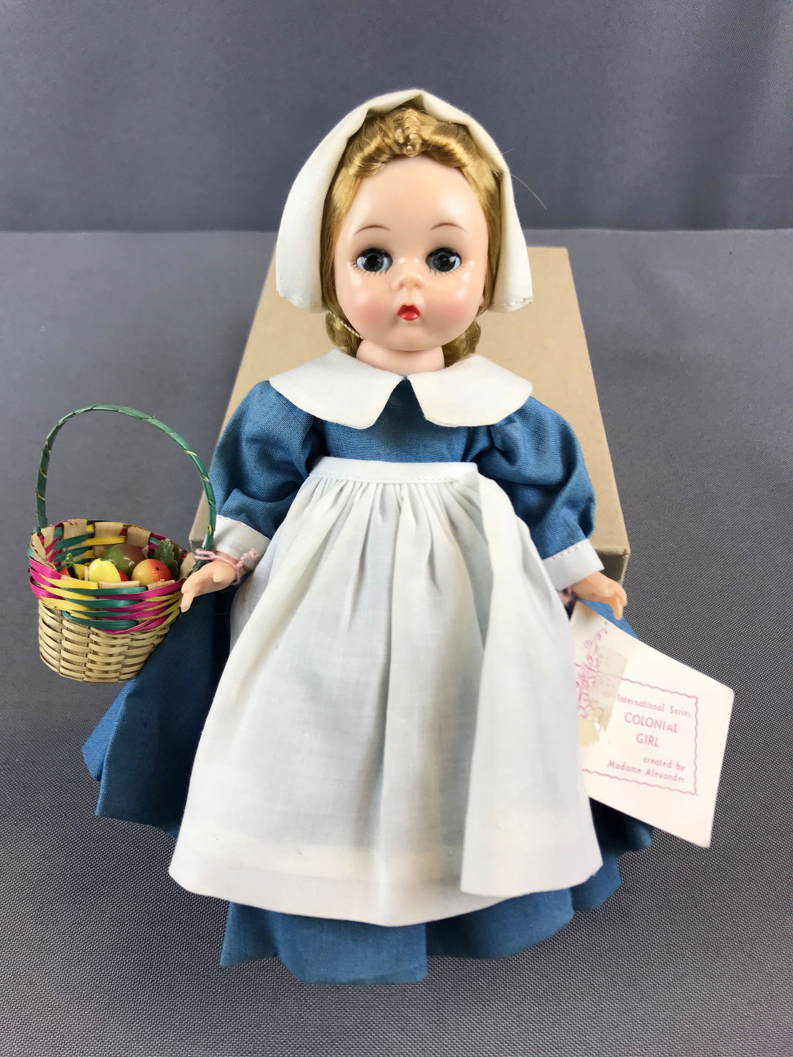 Madame Alexander Colonial Girl doll: Bent knee walker, 1962-64, 8 inch. No box