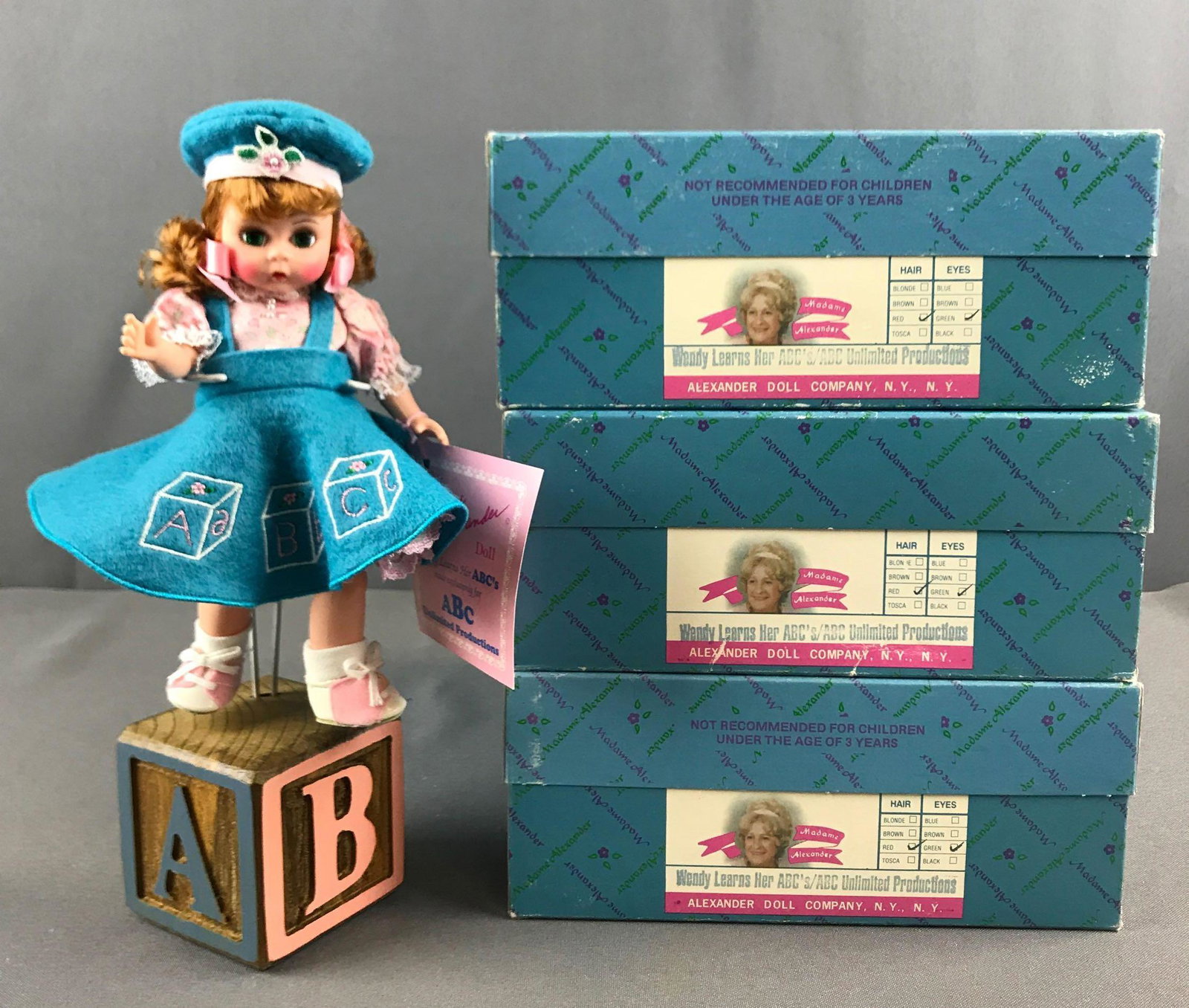 Madame Alexander Wendy learns her ABCs dolls in: Red hair/green eyes, limited edition of 3200. 8 inch, have block stands. 1993