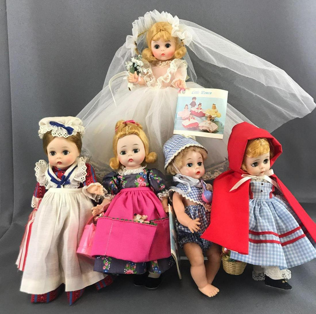 Group of 5 vintage 1970s Madame Alexander dolls: 8 inch straight leg dolls, out of box. Little Red, Mary Mary, Betsy Ross and more. Brides veil has lost elasticity.