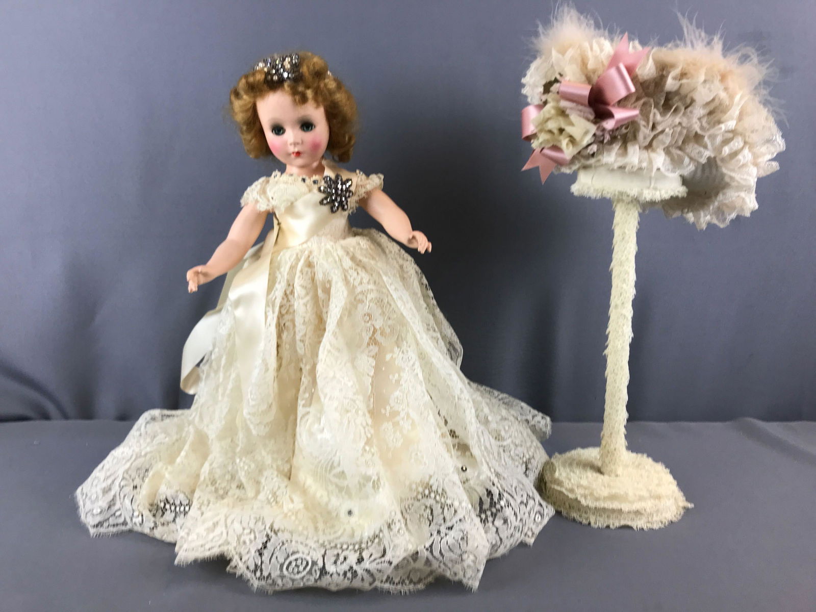Vintage doll and doll hat stand with hat (1 of 3)