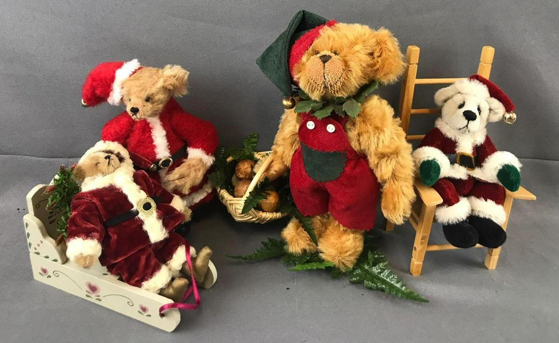 Group of 4 Holiday bears: Largest is 8 inches. 3 unmarked, other made in Germany by Claudia Weinstein