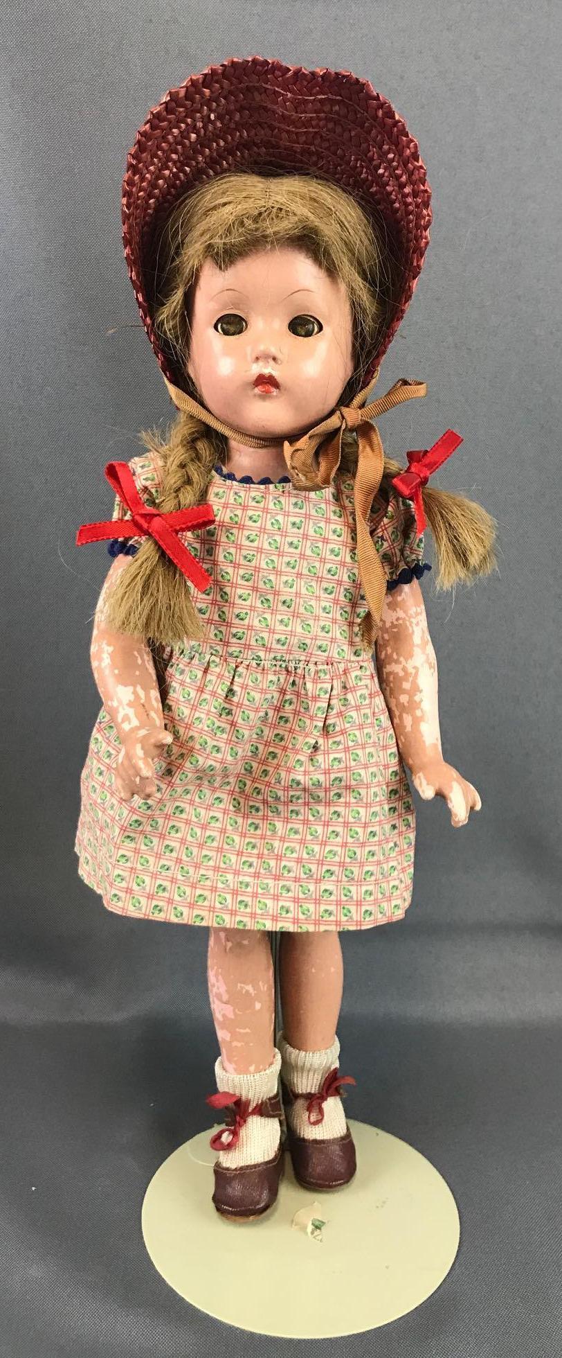 Vintage 1940s Effanbee doll: 14 inches. All composition. Sleepy eyes. Surface cracks and peeling paint
