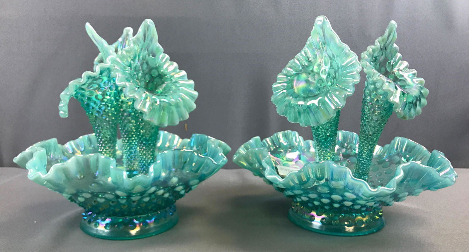 Fenton Art glass Opalescent iridescent Epergnes: Turquoise/blue green colored Hobnail 3 horn epergne. 10 inches tall