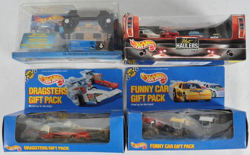 Group of 4 Hot Wheels Die-Cast Vehicle Gift Packs: Includes Funny Car Gift Pack, Dragsters, and More. New in Original Packaging