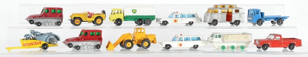 Group of 12 Matchbox Die-Cast Vehicles: Includes No. 35 Snow Trac, No. 54 S&S Cadillac, and More. A Lesney Product, Made in England