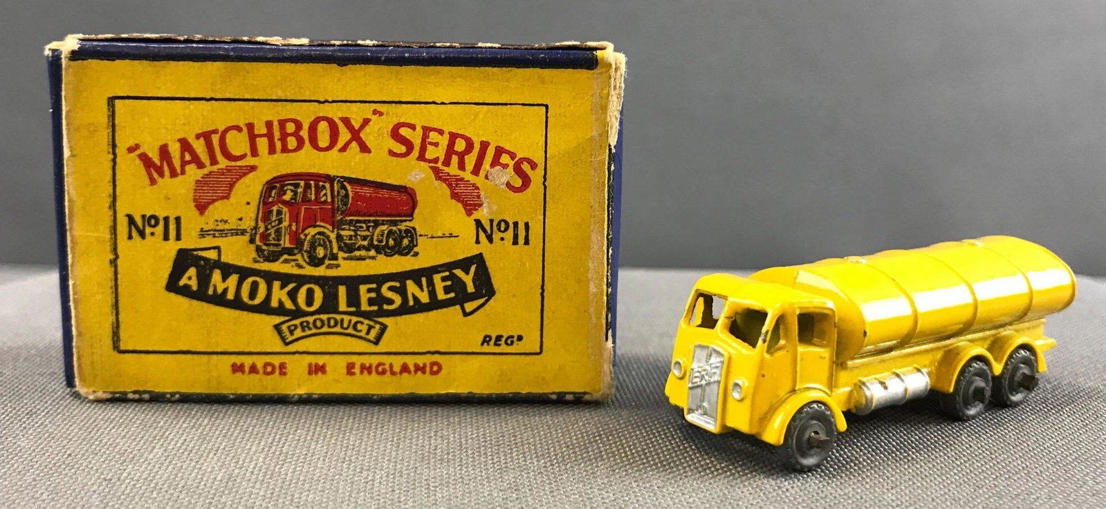 Matchbox No. 11 Tanker Truck die cast Vehicle with: No windows, ERF yellow tanker, Metal Wheels, a Moko Lesney Product, B1 BoxÊ