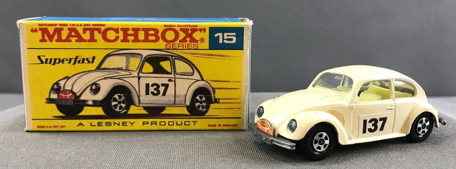 Matchbox Superfast No. 15 Volkswagen 1500 Saloon: Clear windows, some stains, a Lesney Product, F Superfast Box, Thin Superfast WheelsÊ