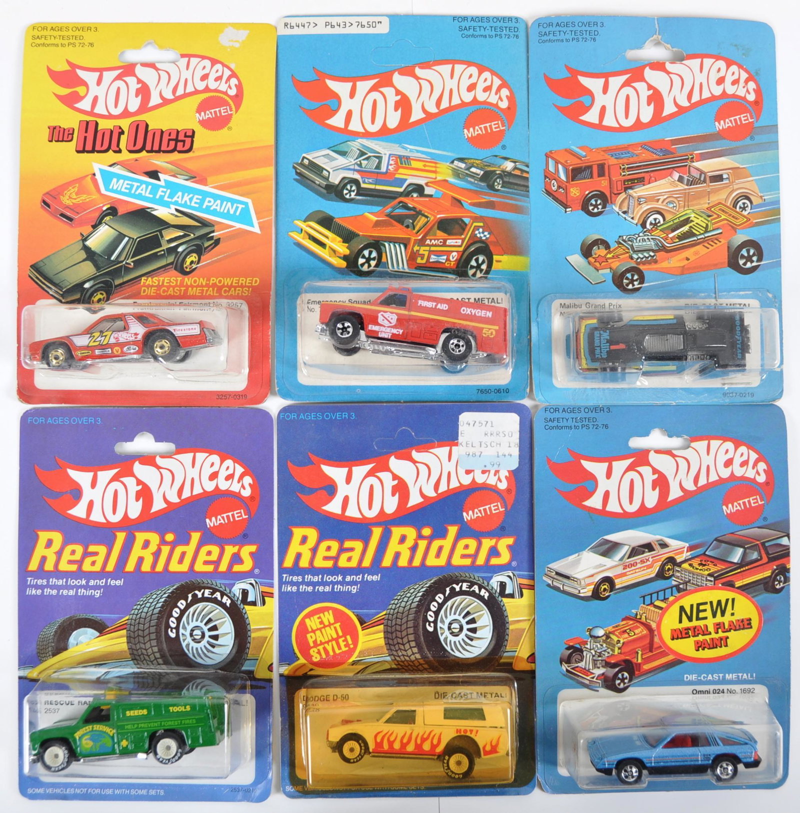 Group of 6 Hot Wheels Die-Cast Cars in Original: New in Original Packaging, Includes Real Riders, The Hot Ones, Omni 024 1692, Malibu Grand Prix 9037, Emergency Squad 7650, Dodge D-50 9540, Rescue Ranger 2537, and Frontrunnin Fairmont 3257.