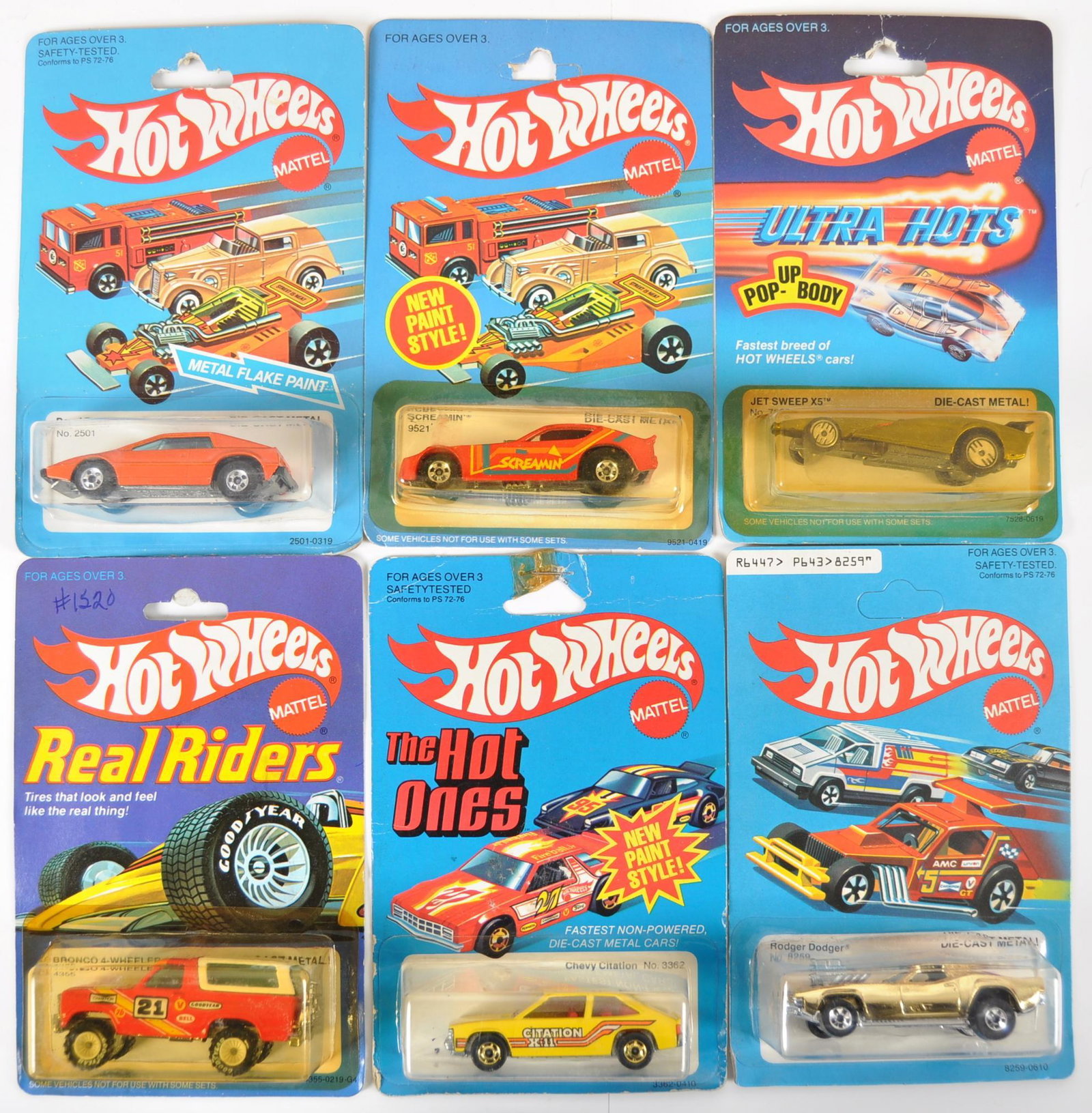 Group of 6 Hot Wheels Die-Cast Cars in Original: New in Original Packaging, Includes Ultra Hots, The Hot Ones, Real Riders, Rodger Dodger 8259, Jet Sweep X5 7528, Screamin 9521, Royal Flash 2501, Chevy Citation 3362, and Bronco 4-wheeler 4355.
