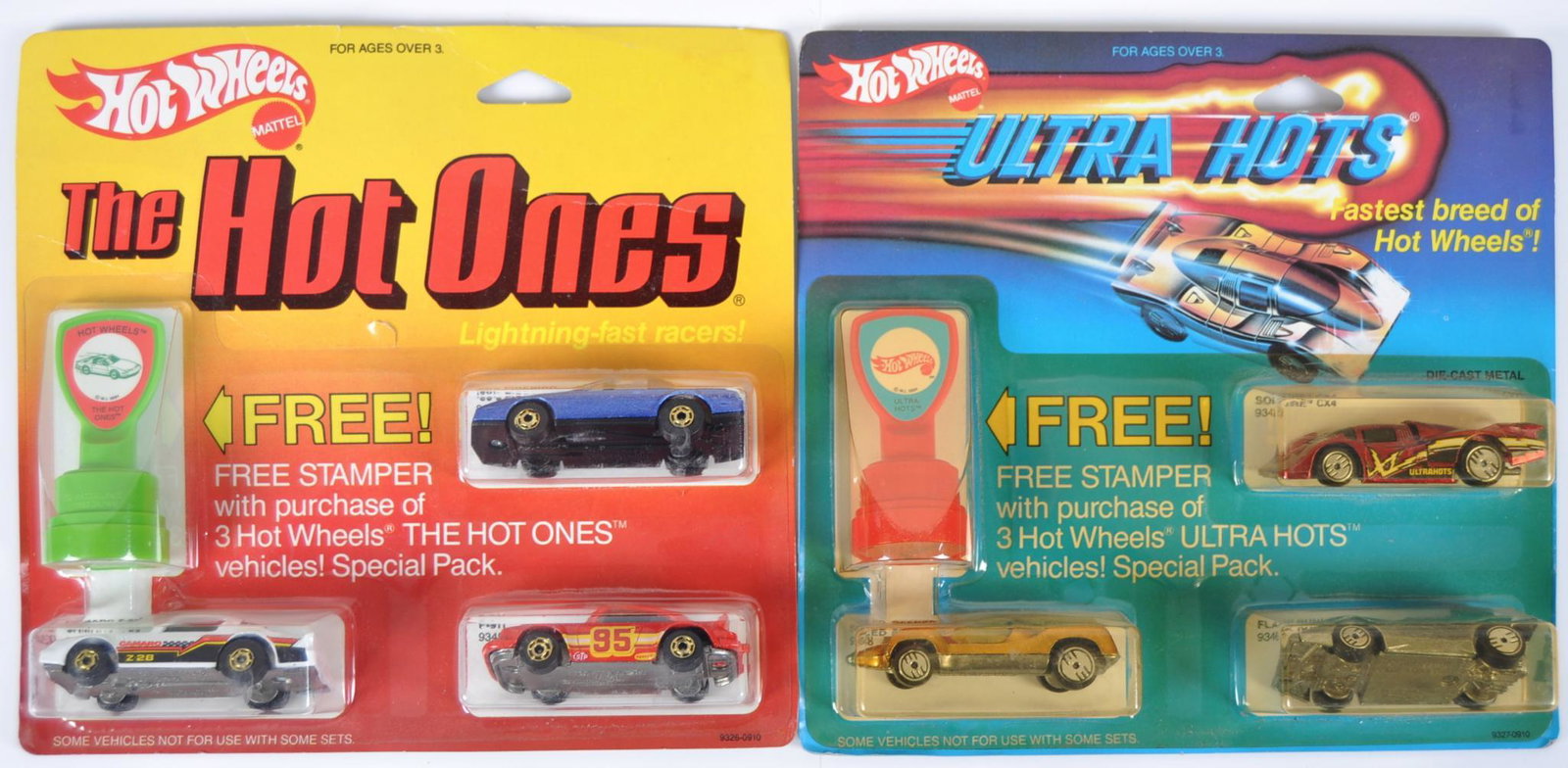 Group of 2 Hot Wheels Ultra Hots and The Hot Ones Gift: New in Original Packaging, Includes Sol-Aire CS4 9342, Flame Runner 9346, Speed Seeker 9348, 80s Firebird 9341, P-911 9345, and Camaro Z-28 9344.