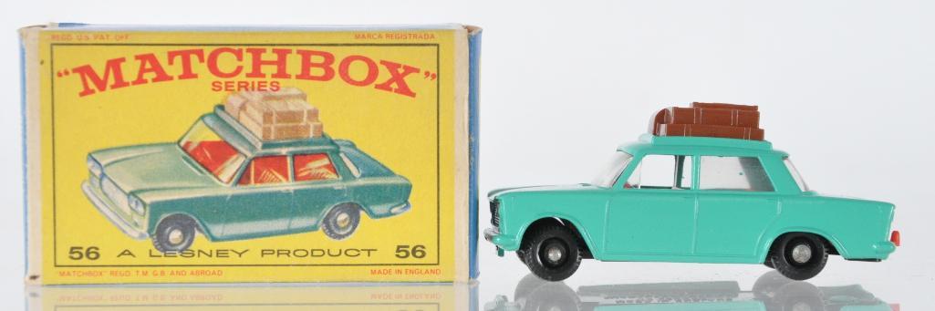 Matchbox No. 56 Fiat 1500 Die-Cast Vehicle with: Teal Body, Red Interior, Brown Luggage, BRW. E Box, A Lesney Product, Made in England