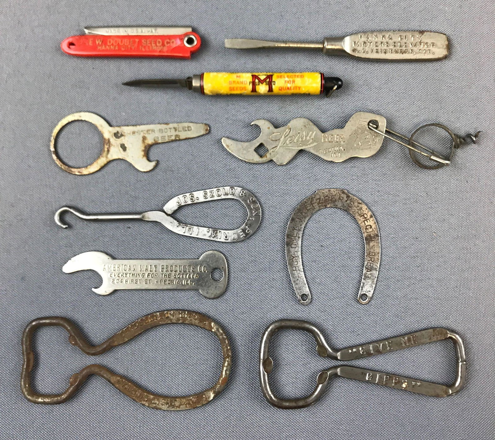 Group of 10 Vintage Bottle Openers and more: Most from Peoria IL, includes Gipps, Leisy beer, Hanna City farmers elevator