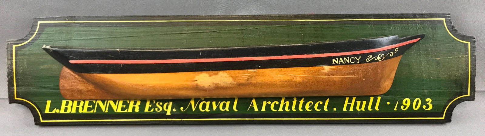Naval architect sign L Brenner esq: 26 x 6 1/4. Some wear.