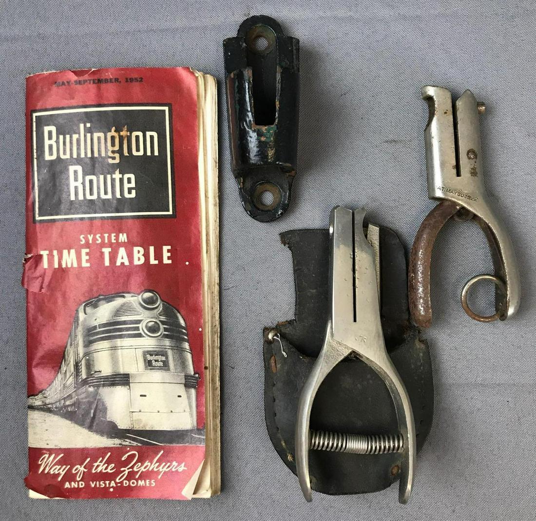 Group of 4 Railroad Ticket Punches and Timetable: Largest is 4.25x9, 1952 Burlington Route System Time Table