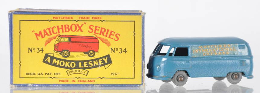 Matchbox No. 34 Volkswagen Microvan Die-Cast Vehicle: Light Blue Body with Metal Wheels and Matchbox International Express Decal, B Moko Box, A Lesney Product, Made in England