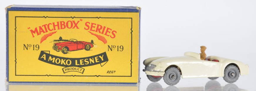 Matchbox No. 19 M.G. Die-Cast Vehicle with Original Box: Off White/Cream Body with Metal Wheels, Red Interior, and Tan Driver, B Moko Box, A Lesney Product, Made in England