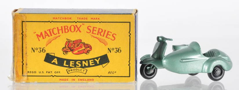 Matchbox No. 36 Lambretta & Side Car Die-Cast: Light Blue Met Body, C Box, A Lesney Product, Made in England