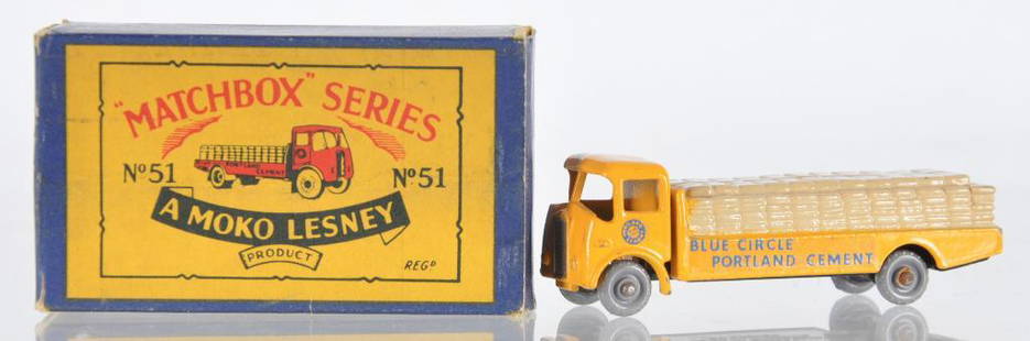 Matchbox No. 51 Albion Cheiftain Die-Cast Vehicle with: Construction Yellow Body with Tan Bags, GPW, and Blue Circle Portland Cement Decals, B Moko Box, A Lesney Product, Made in England