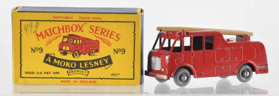 Matchbox No. 9 Fire Engine Die-Cast Vehicle with: Red Body, GPW, and Tan Ladder, B Moko Box, A Lesney Product, Made in England