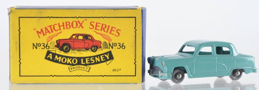 Matchbox No. 36 Austin A 50 Die-Cast Vehicle with: Teal Body with GPW, No Windows, B Moko Box, A Lesney Product, Made in England