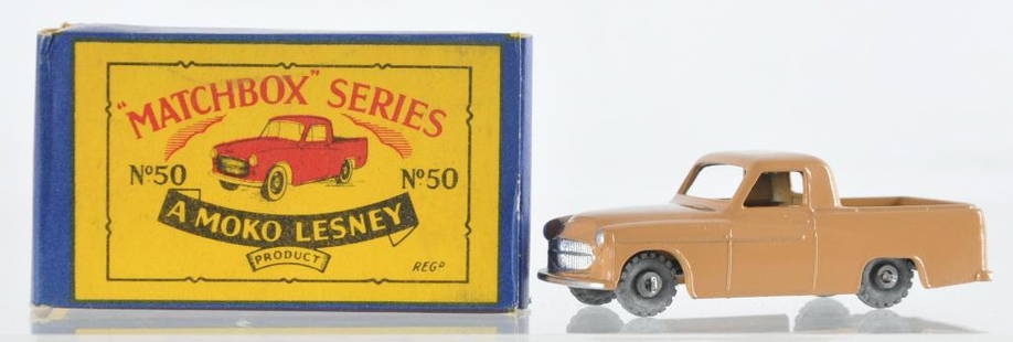 Matchbox No. 50 Commer Pick-Up Die-Cast Vehicle with: Tan Body with Metal Wheels, No Windows, B Moko Box, A Lesney Product, Made in England